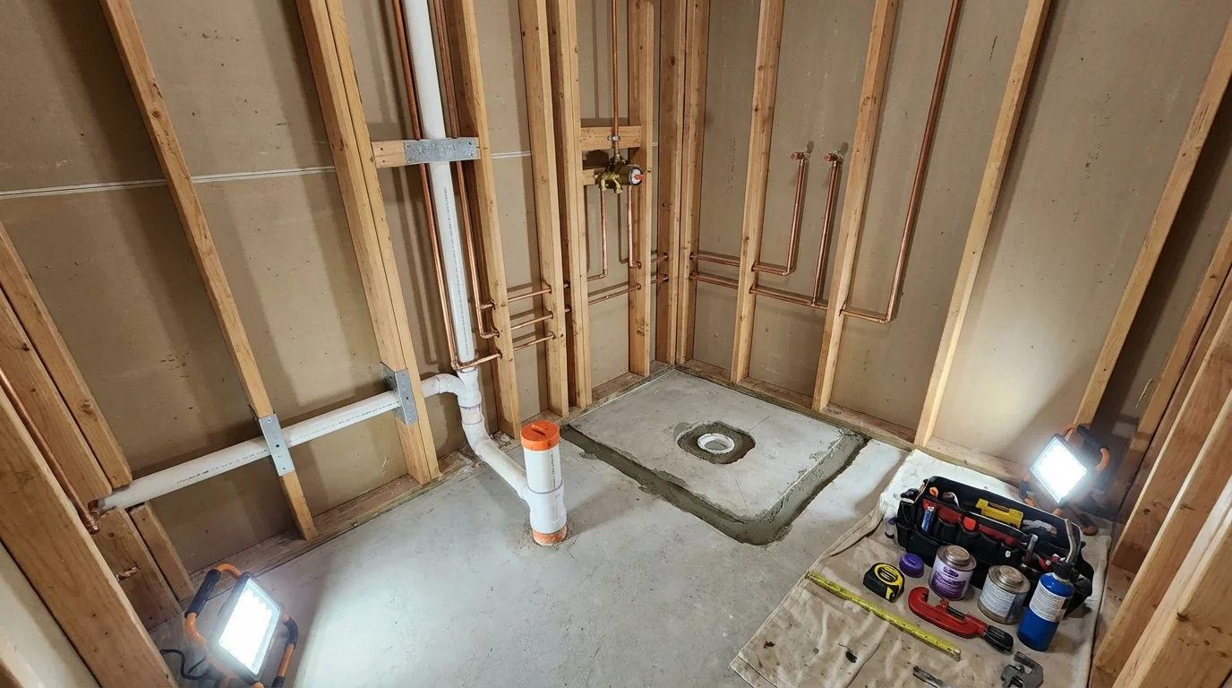Bathroom rough-in plumbing during remodel by Johns Plumbing LLC in Farmingdale