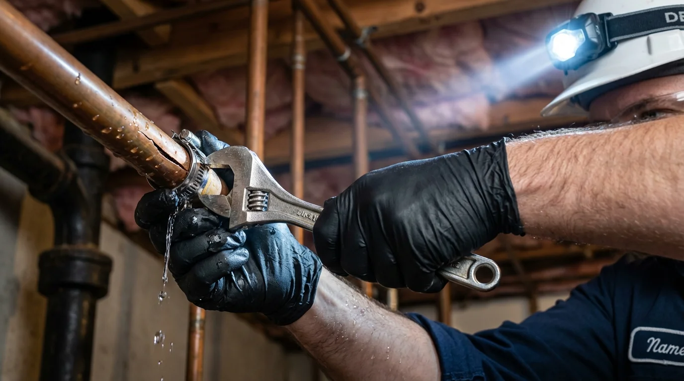 Emergency pipe clamp repair being performed by a Johns Plumbing LLC plumber in Farmingdale