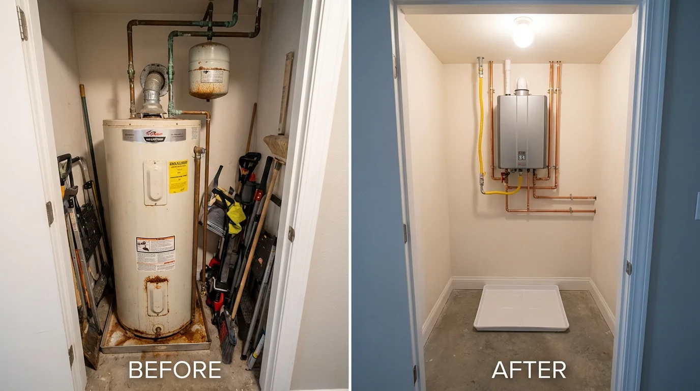 Tank water heater versus wall-mounted tankless unit comparison for Farmingdale, NY homeowners