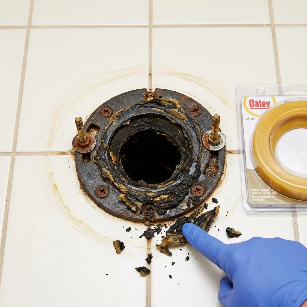 Failed wax ring showing water seepage at the base of a toilet in a Farmingdale, NY home