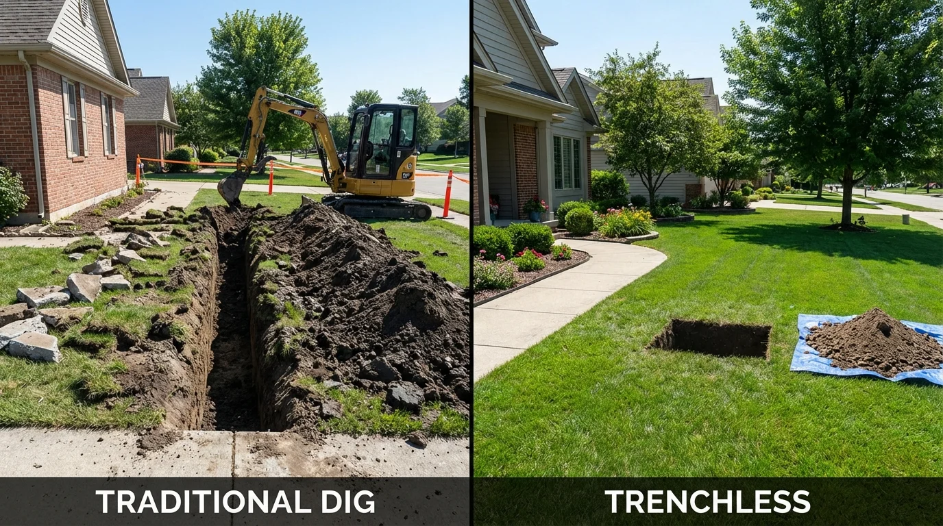 Trenchless sewer repair with minimal yard damage versus traditional excavation in Farmingdale, NY