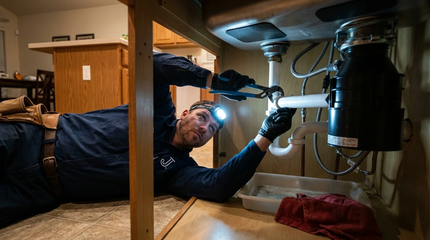 P-trap and supply line connections under a kitchen sink showing a common leak point in Farmingdale, NY